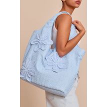 Tote bag de plage en raphia bleu à fleurs placées, Turquoise
