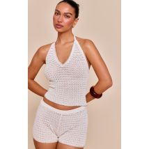 Top Court Beige en Effet Laine avec Détails Contrastés et Crochet à Col Halter, Avoine