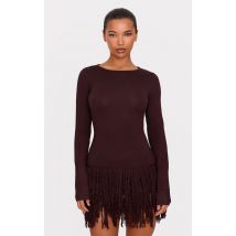 Robe très courte en maille tricot fine cappuccino à manches longues et ourlet frangé, Cappuccino