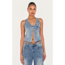 Gilet en jean bleu sans manches à dos nu, Bleu
