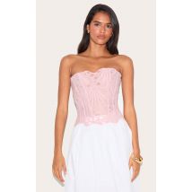 Corset en dentelle texturée rose dragée transparente fleurie, Rose Dragée