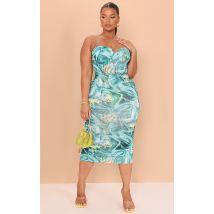 Femme Plus Robe mi-longue côtelée froncée verte imprimé tourbillon à bonnets | Taille 52