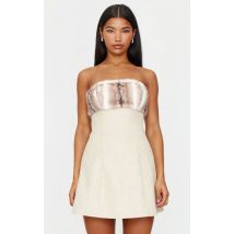 Robe effet laine écrue à jupe trapèze et bordure en fausse fourrure, Ecru