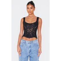 Corset texturé noir transparent fleuri à col carré, Noir