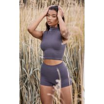 Charcoal Structured Contour Sleeveless High Neck Crop Top