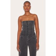 Top long en jean noir délavé à boutons cachés, Noir Délavé