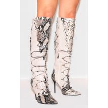 Bottes hautes pointues en PU imprimé croco à talon aiguille haut, Imprimé Serpent
