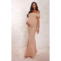 Maternity Taupe Off The Shoulder Bubble Textured Maxi Dress, Taupe