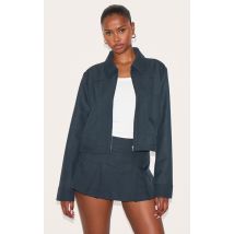 Veste tissée bleu marine à épaules carrées, Bleu Marine