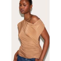 Tan Double Layer Slinky Backless Asymmetric Long Top, Tan