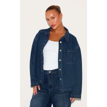 Plus Chemise en jean indigo à manches longues et épaules carrées, Indigo