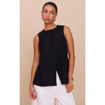 Gilet long tissé noir à boutons, Noir