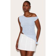 Sky Blue Double Layer Asymmetric Neck Mesh Top, Sky Blue