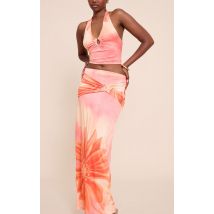 Femme Jupe longue fluide orange fleurie froncée | Taille 34