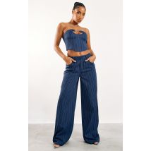 Navy Woven Pinstripe High Waist Wide Leg Trousers, Navy