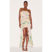 Robe bustier longue imprimé jaune à volants, Jaune