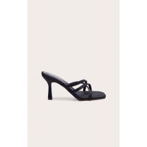 Mules carrées en lycra noir à brides croisées et talon, Noir