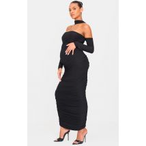 Maternité Robe longue de grossesse moulante noire à détail collier ras-de-cou et fronces, Noir