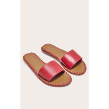 Sandales style mules rondes en cuir véritable rouge à coutures contrastantes, Rouge