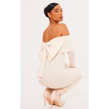 Robe mi-longue crème brossée côtelée à détail noeud, Crème