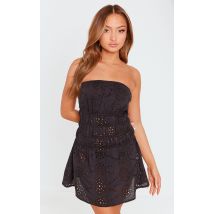 Petite Robe droite bustier noire brodée froncée, Noir
