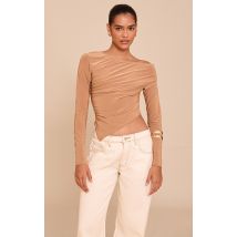 Top asymétrique doux marron clair froncé à manches longues, Marron Clair
