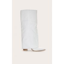 Bottes Western Large Blanches en PU à Talon Bloc et Revers sur le Genou, Blanc
