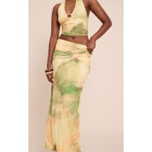 Femme Jupe longue fluide verte imprimé abstrait froncée | Taille 34