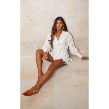 White Striped Long Sleeve Ruched Detail Shirt Dress