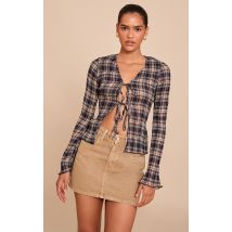 Blouse bleue plissée à carreaux, Bleu