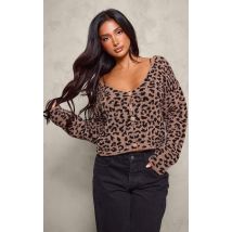 Femme Petite Cardigan court en maille tricot marron imprimé léopard | Taille Small