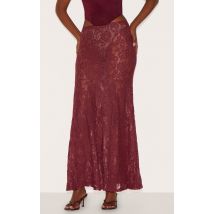 Jupe longue en dentelle transparente prune fleurie, Prune