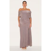 Plus Taupe Double Layer Slinky Bardot One Shoulder Ruched Maxi Dress, Taupe