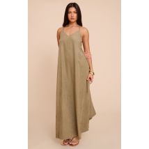 Robe longue texturée kaki à décolleté, Kaki