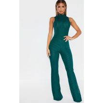 Emerald Green High Neck Striped Velvet Jumpsuit