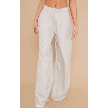 Pantalon large taille haute gris pierre en maille tissée effet lin à pinces, Gris Pierre