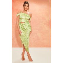 Femme Robe mi-longue satinée imprimé Renaissance citron vert à épaule unique | Taille 34