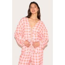 Chemise orange à carreaux en éponge, manches longues et lien à nouer sur le devant, Orange