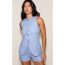 Gilet bleu à boutons texturés dorés, Bleu