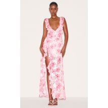 Robe longue en mousseline de soie rose fleurie à décolleté et bretelles, Rose