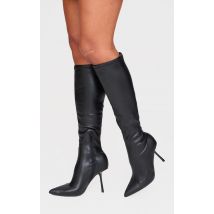 Bottes hautes pointues style chaussettes en PU noir à talon aiguille haut, Noir