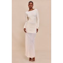 Robe longue crème froncée à manches longues, Crème