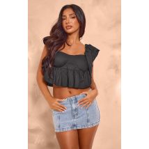 Petite Crop top en coton noir volanté à bonnets rembourrés, Noir