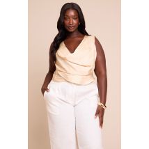 Plus Top satiné mat beige rayé à col bénitier drapé et empiècement, Beige