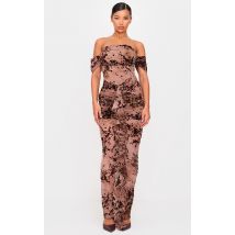 Femme Robe longue style corset dévorée marron fleurie froncée à col bardot et détails drapés | Taille 34