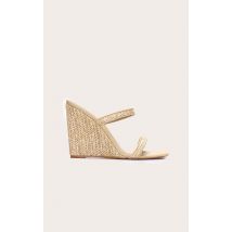 Mules compensées carrées en raphia beige à talon haut, Beige