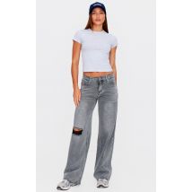 Tall Jean droit gris délavé à bordure élimée et genou déchiré, Gris Délavé