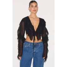 Blouse noire très volantée devant à manches évasées, Noir