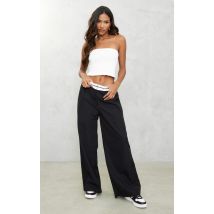 Black Turn Over Waist Straight Leg Trousers, Black