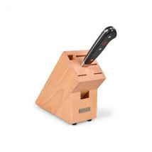 Couteau lame 20cm acier inox forgéDureté 58 HRCManche en POM noir 3 rivets inoxMitre pleine acier inoxydableBloc en bois de hêtre6 emplacements4 pieds